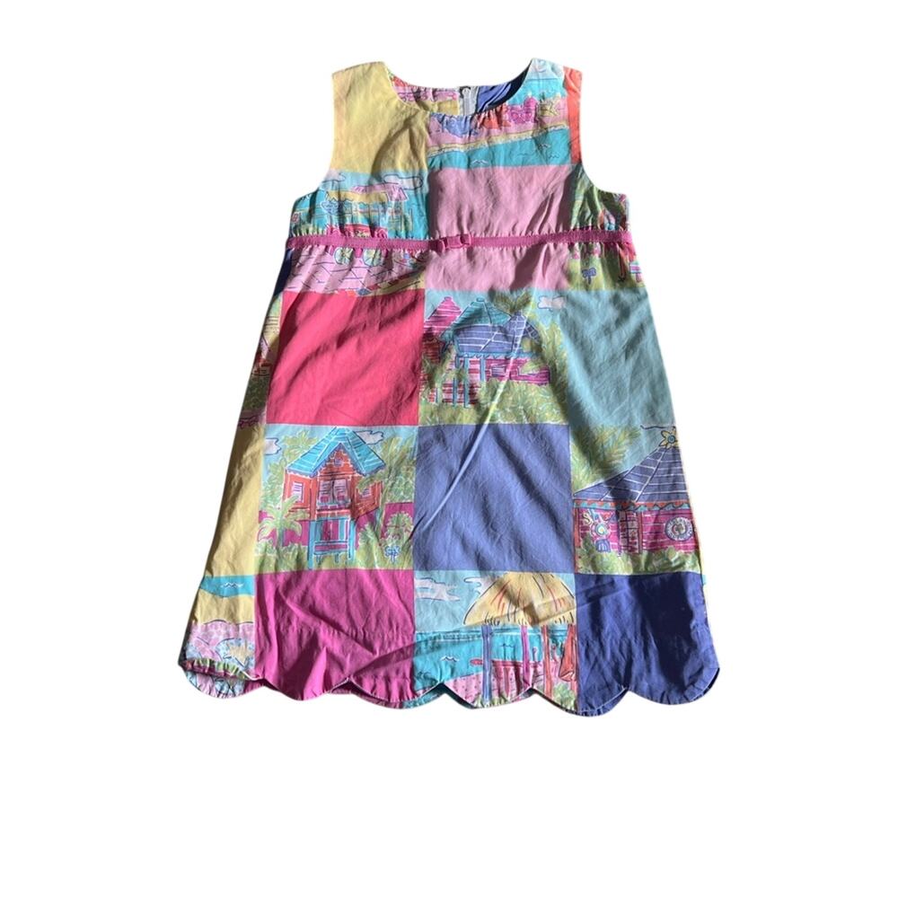 Lilly Pulitzer White Label Girls Shift Dress Size 4 Patchwork Beach Scene Scallo